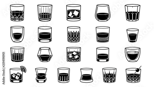 A set of icon 24 diverse short cafe and whiskey glass icons for menu and barware design.