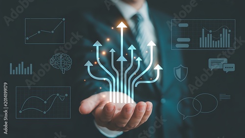Illustration of a hand holding upwards arrows representing growth and success in business and technology with financial charts