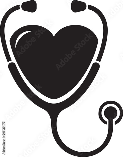 Fotografi Black heart shape enclosed by stethoscope, minimalist medical also transparent b