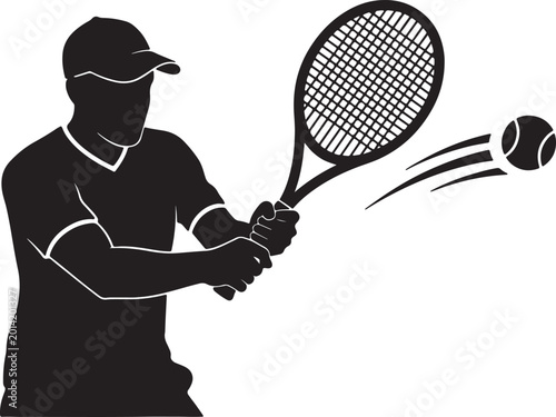 Slika na platnu Silhouette of a person swinging a tennis racket hitting a tennis ball also trans