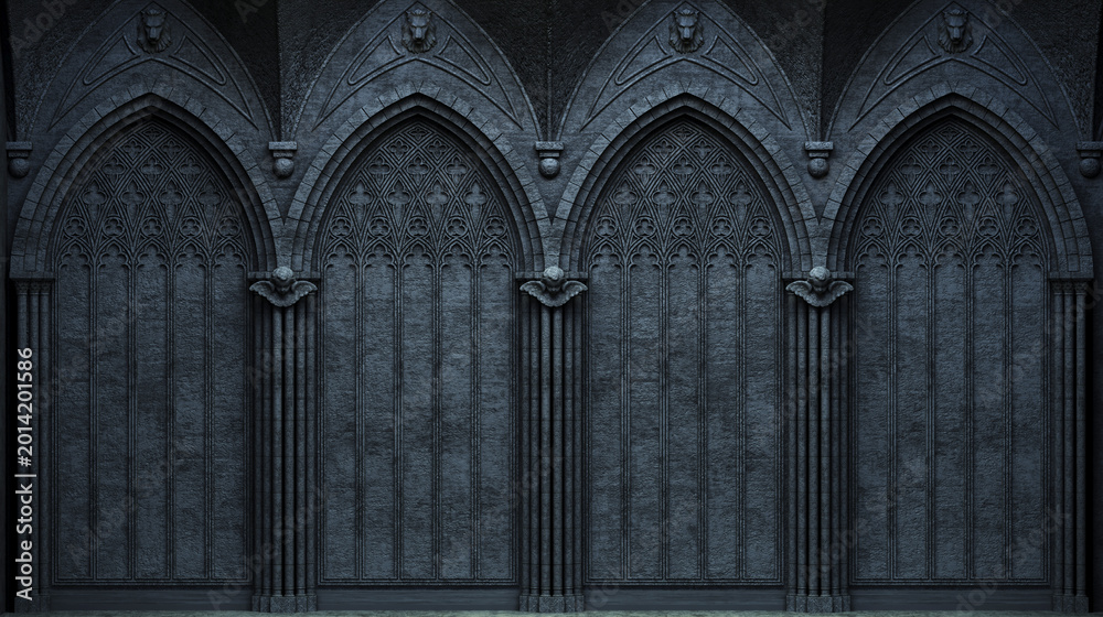Naklejka premium Abandoned night castle with a large gothic window or crypt