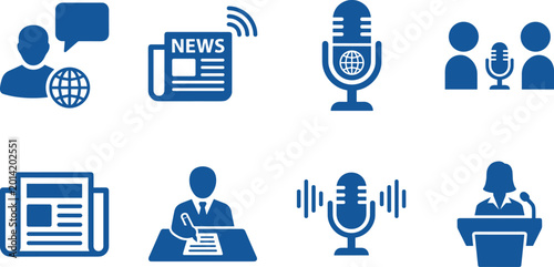 Photos Set of blue media communication icons including news broadcast and journalism symbols for corporate business web design