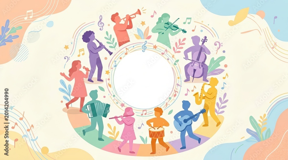 Naklejka premium Diverse group of musicians playing instruments in colorful circular arrangement