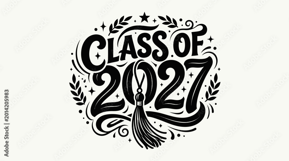 Fototapeta premium Graduation class of 2027 decorative emblem with tassel and laurel wreath on white background