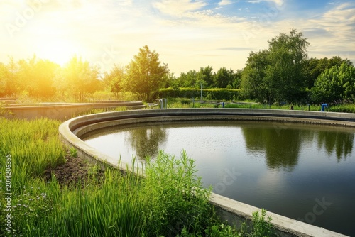 Eco wastewater recycling facility in green surroundings with open sky and sunlight for sustainability practices