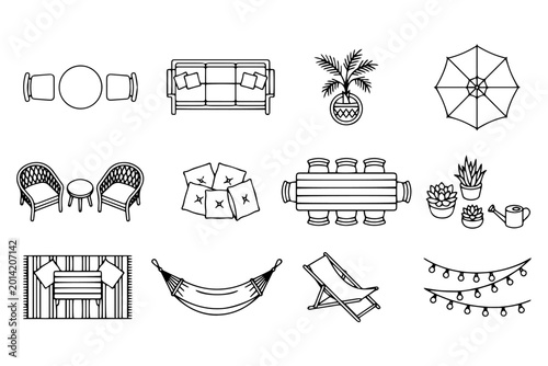 Top View Balcony Furniture Line Icon Set – Outdoor Patio Layout Vector Collection