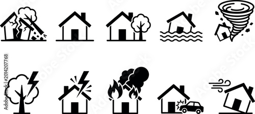 Foto Set of Property Damage Icons Representing Earthquake, Fire, Storm, Flood, and Li