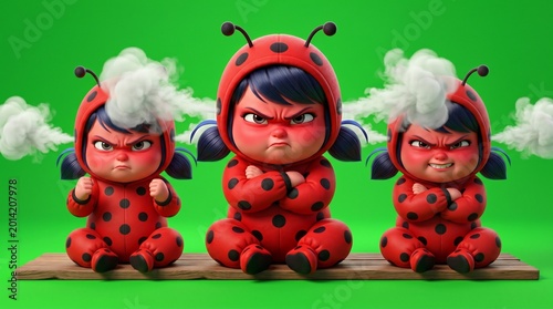 Three Angry Ladybug Characters with Steam and Red Spots.