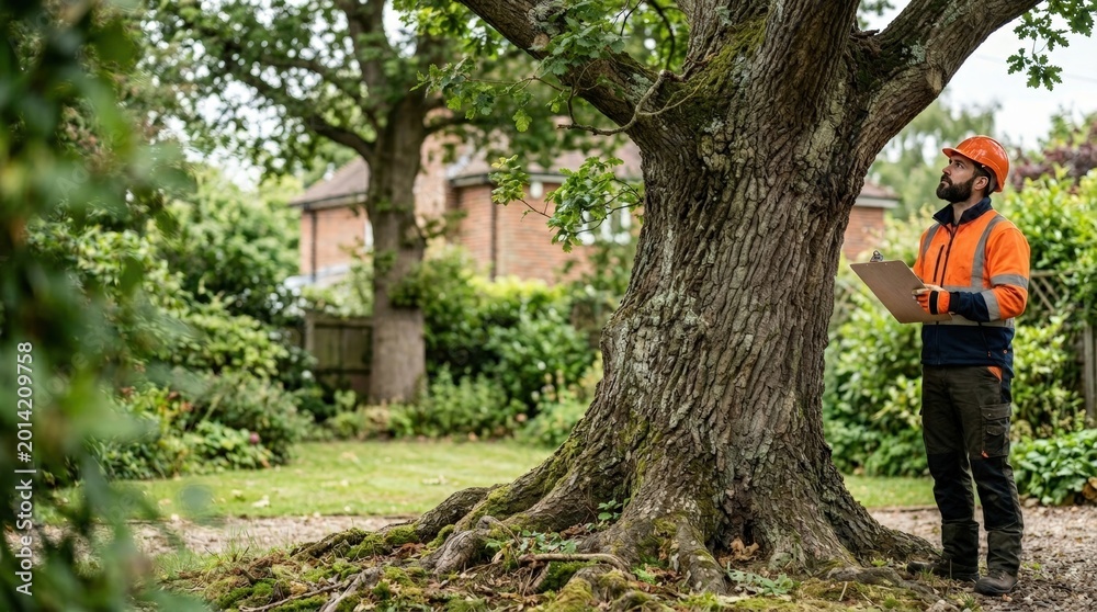 Fototapeta premium Arborist in safety gear inspecting mature tree in residential garden