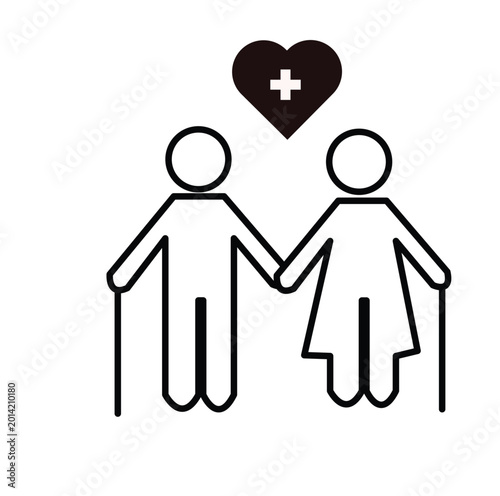 Senior Healthcare Support Icon with Elderly Couple Walking Together and Medical Heart Symbol Vector Illustration MEDICORE ICONS-10.eps
