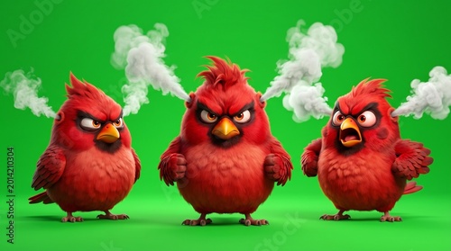 Three Angry Red Birds with Steam Clouds on Green Background.
