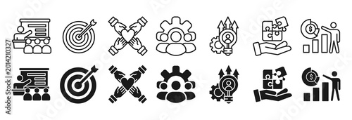Photos Workshop icon set. Teacher and objectives symbol
