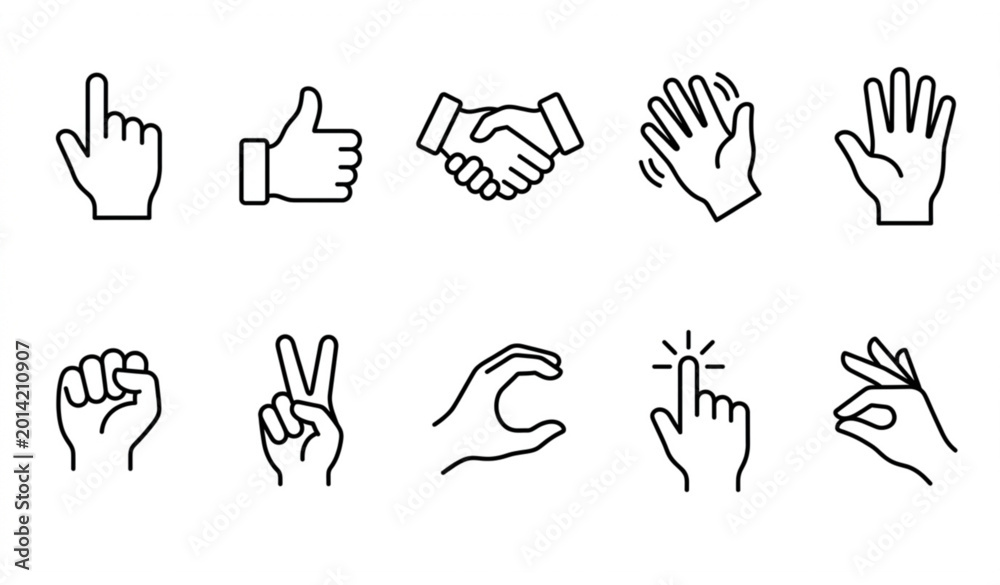 Fototapeta premium Outline hands icon set illustrating human gestures and finger signs in modern linear vector style