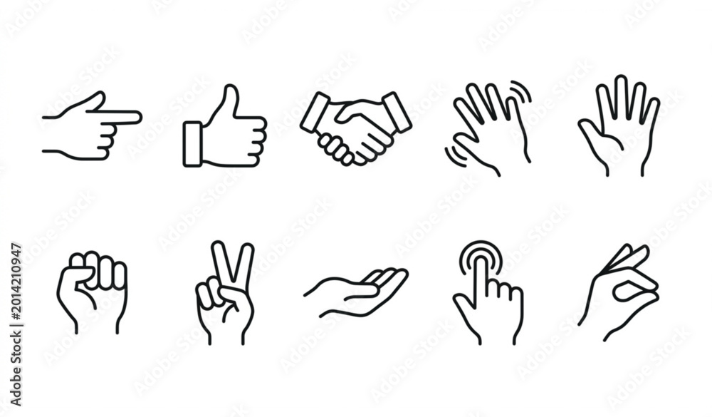 Fototapeta premium Outline hands icon set illustrating human gestures and finger signs in modern linear vector style