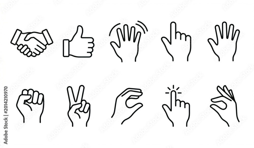 Fototapeta premium Outline hands icon set illustrating human gestures and finger signs in modern linear vector style