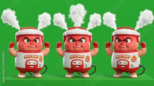 Three Angry Rice Cooker Characters with Steam and Grumpy Expressions.