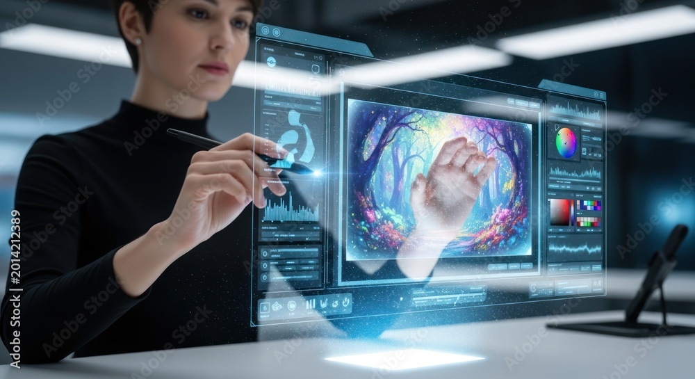 Obraz premium Woman interacting with holographic interface in modern workspace