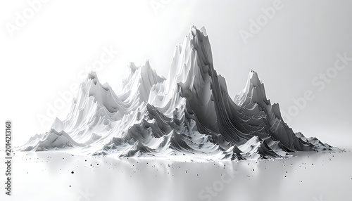 Abstract 3d landscape of sharp mountain peaks and valleys rendered in grayscale, resembling data visualization or topographic map, digital art