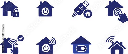 Fotografie Smart home system icons set in dark blue color with house, lock, power button, usb and other elements