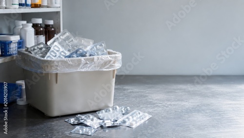Medication blister packs piled in a lined plastic waste bin with loose packs on stainless counter beside pharmacy shelves and open copy space.