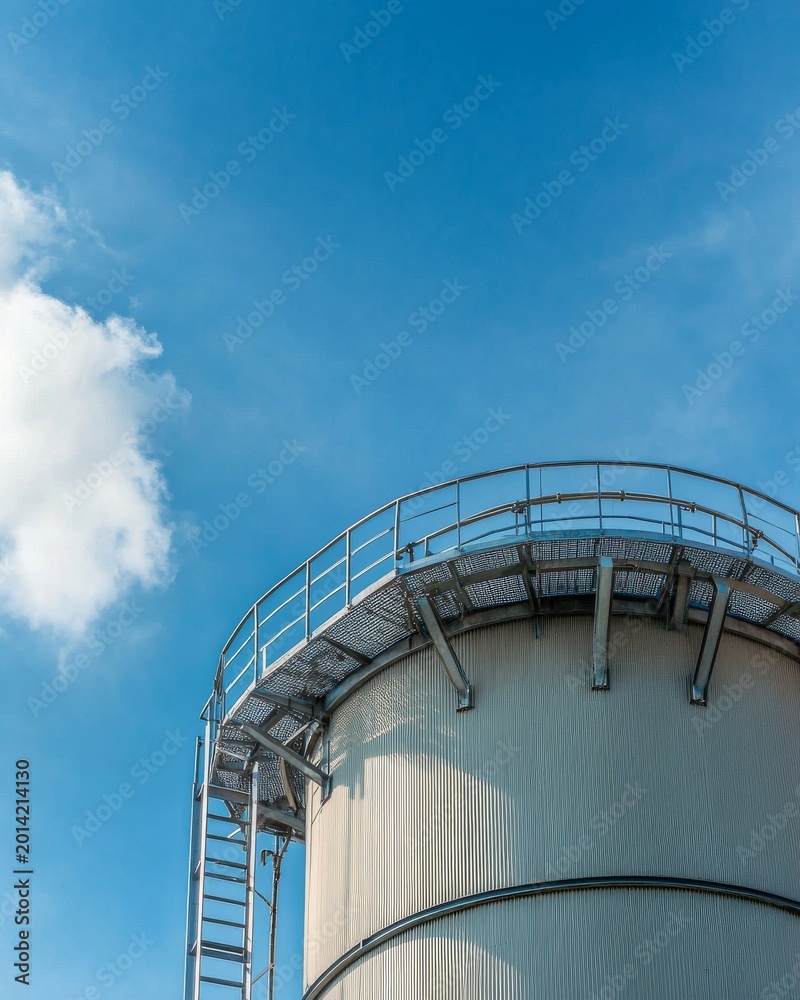 Naklejka premium Water treatment tower rises against blue sky with empty space above for eco-friendly infrastructure view