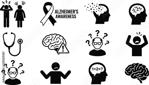 Foto Alzheimer's Awareness Icon Set with Brain, Memory Loss, Confusion, Stethoscope,