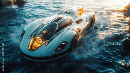 A sleek futuristic autonomous water vehicle glides dynamically through choppy ocean waves under golden sunset light showcasing advanced AI navigation technology in a high-speed aquatic environment.