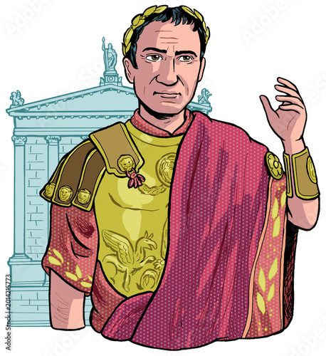 Foto Julius Caesar vor römischem Tempel