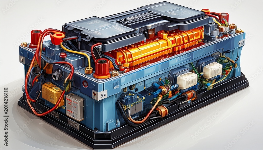 Naklejka premium car battery showing the internal components for starting vehicles and providing electrical power on a white background