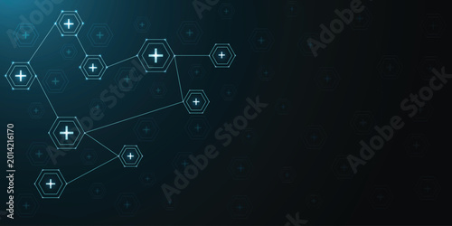 Abstract medical technology background with glowing hexagon network and healthcare cross symbols, digital health connection concept, futuristic medicine innovation on dark blue backdrop