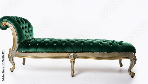 green velvet tufted upholstered chaise longue with classic victorian style on a white background