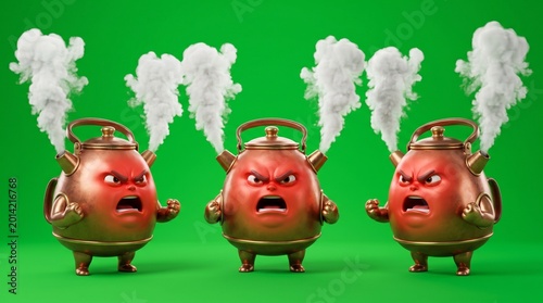 Three Angry Teapots Steaming with Furious Expressions on Green Background.