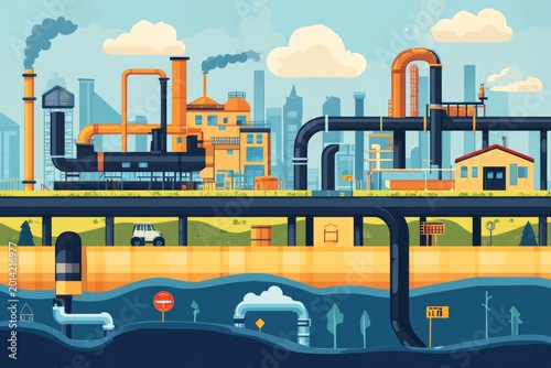 Pipeline infographic showing industrial background with oil, water, and gas transportation systems in a simple layout