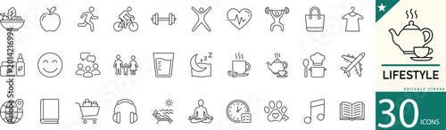 Canvas-taulu Lifestyle line icons for wellness, fitness, travel, food, relaxation, shopping, and daily activities