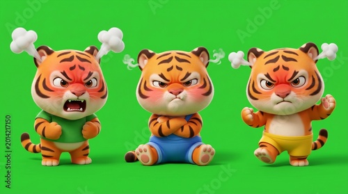Three Angry Tiger Cartoon Characters with Cloud Steam.