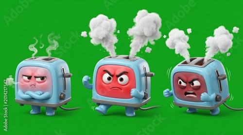Three Angry Toasters with Steam Expressing Frustration and Annoyance on Green Background.
