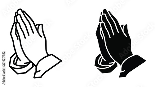 Two hands in prayer pose black and white vector illustration