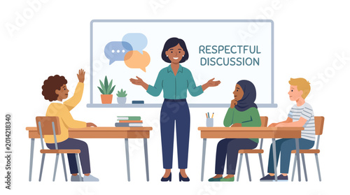 Female presenter leading a respectful discussion in a classroom setting.