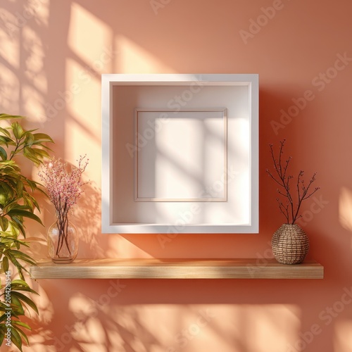 Stylish Wall Decor with Shadow Play and Shelves in Warm Sunlight
