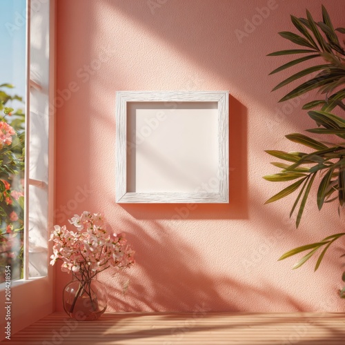 Bright Corner with Pink Wall, Green Plant, Flowers, and Empty White Frame