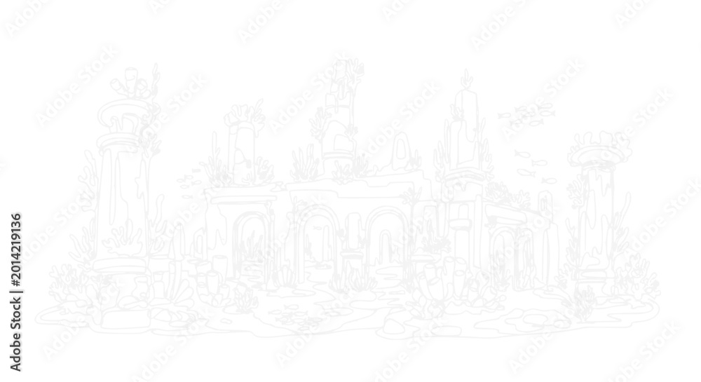 Fototapeta premium Ethereal architectural sketch of ancient ruins and statues, delicate white lines on white background