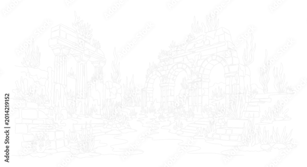 Naklejka premium Ancient Ruins Sketch: Stone Arches and Overgrown Architecture in White Outline