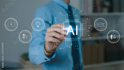 Men learn using artificial intelligence (AI), educational tools, video-based instruction, digital courses, internet lessons, and e-learning concepts.