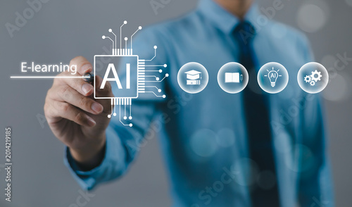 Men learn using artificial intelligence (AI), educational tools, video-based instruction, digital courses, internet lessons, and e-learning concepts.