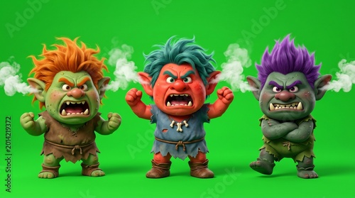 Three Angry Trolls with Colorful Hair and Furious Expressions.