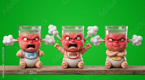 Three Cartoon Angry Babies in Glass Cups with Steam.