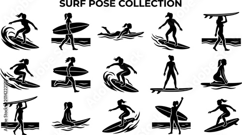 collection of black silhouette surfer girl poses on white background