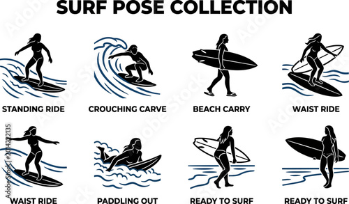 Photography Surfing poses collection with woman surfer silhouettes in various actions on wav