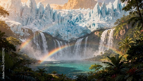 Waterfall Flowing from Glacier with Rainbow in Tropical Greenery Landscape