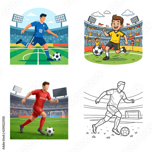  Collection of illustration with athlete, kid and coloring book style. Sport active lifestyle, competition and team game.